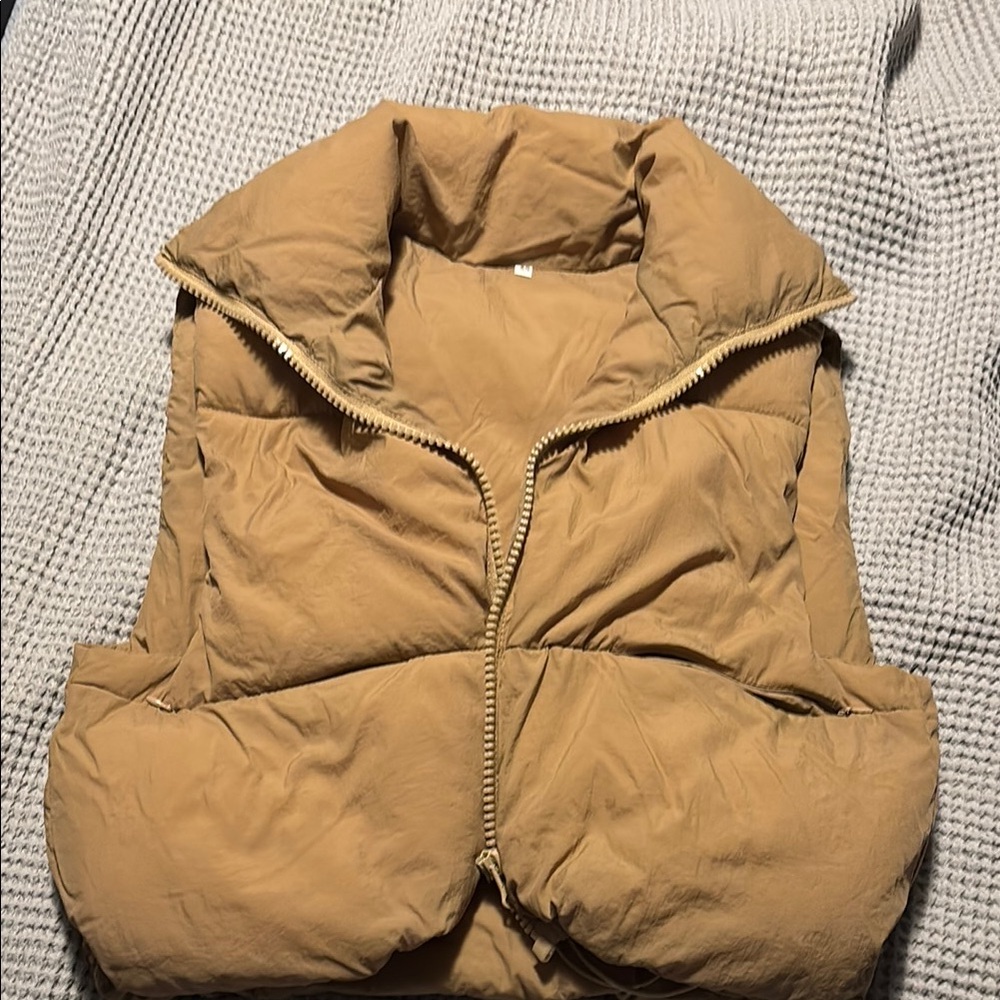 Tan Puffer Vest with High Collar and Quilted Design